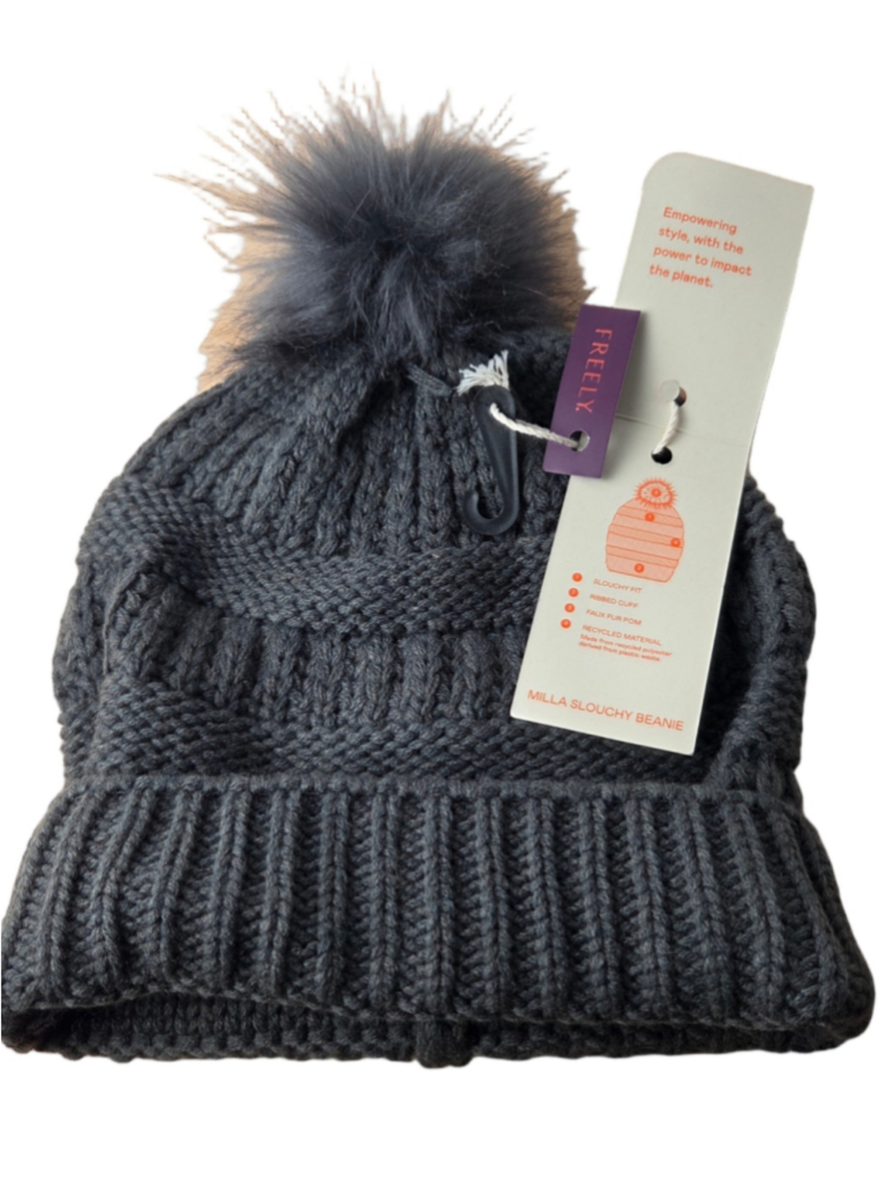 Women's Freely Knit Pom Pom Beanie Hat Grey One Size New NWT #96